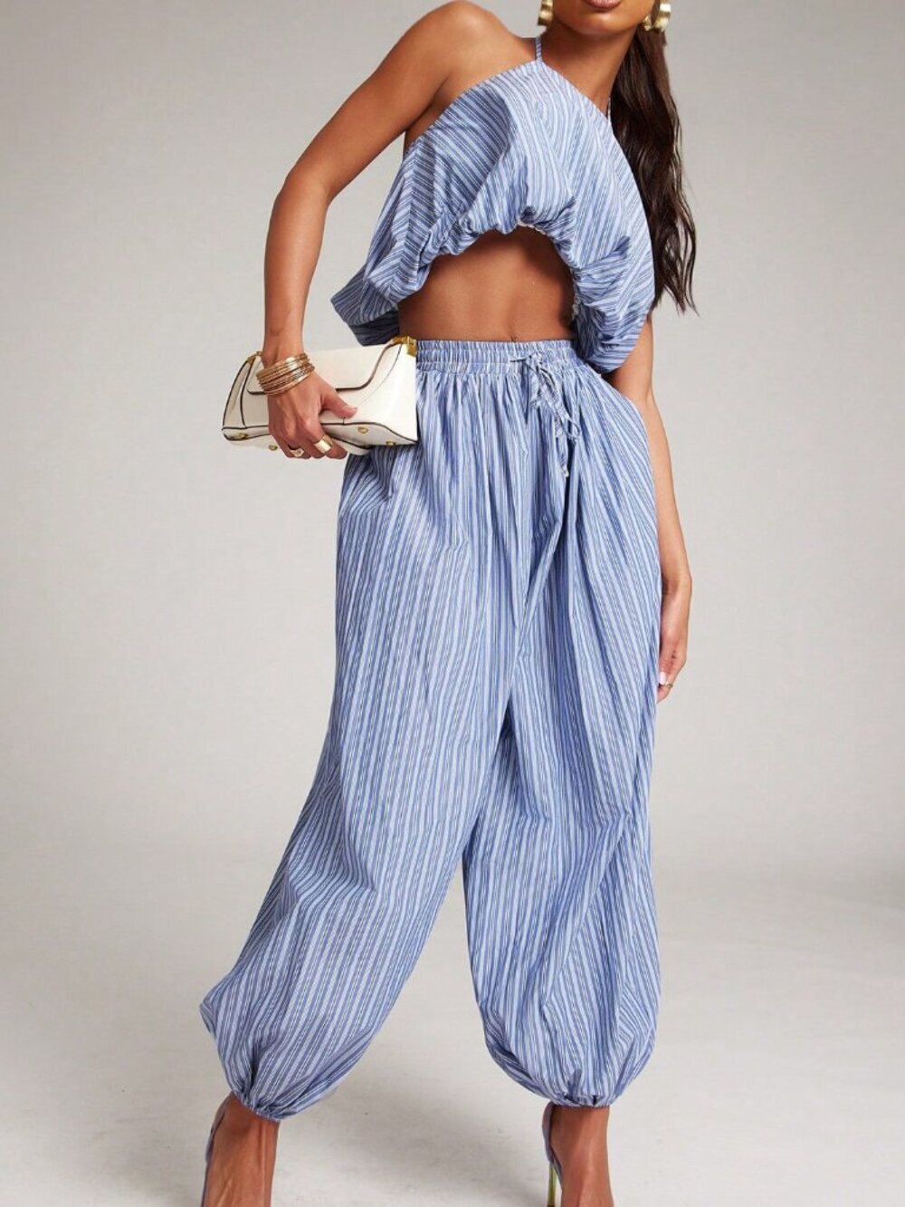 Blue Sexy Women's Matching Set Top and Pant with Halter Hem Striped Joggers